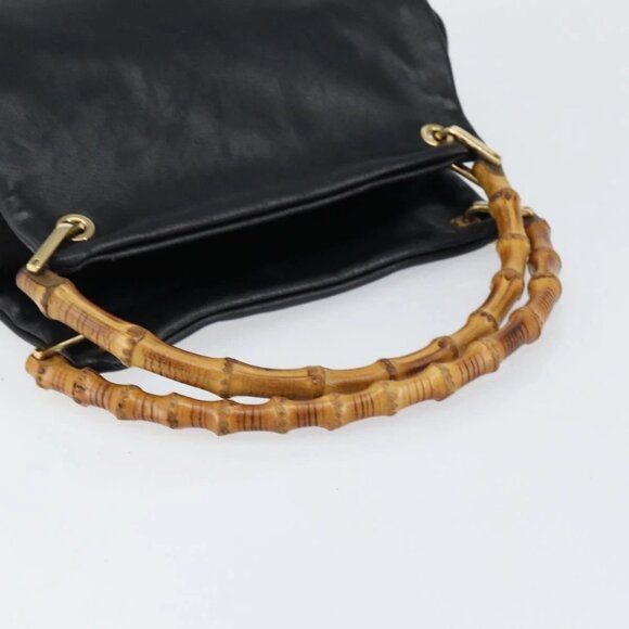 GUCCI Bamboo Hand Bag Leather Black Gold 000 1014 0575 Auth 149974 - Picture 7 of 16